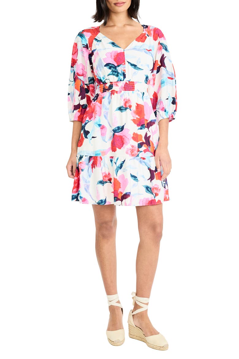 Three Quarter Sleeve Printed Minidress, Main, color, SOFT WHITE/ PINK