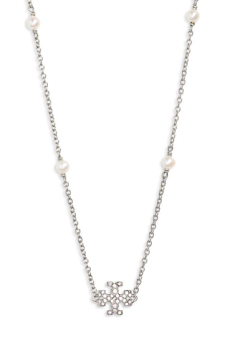 Tory Burch Delicate Kira Cultured Pearl Station Necklace, Main, color, Tory Silver / Crystal / Pearl