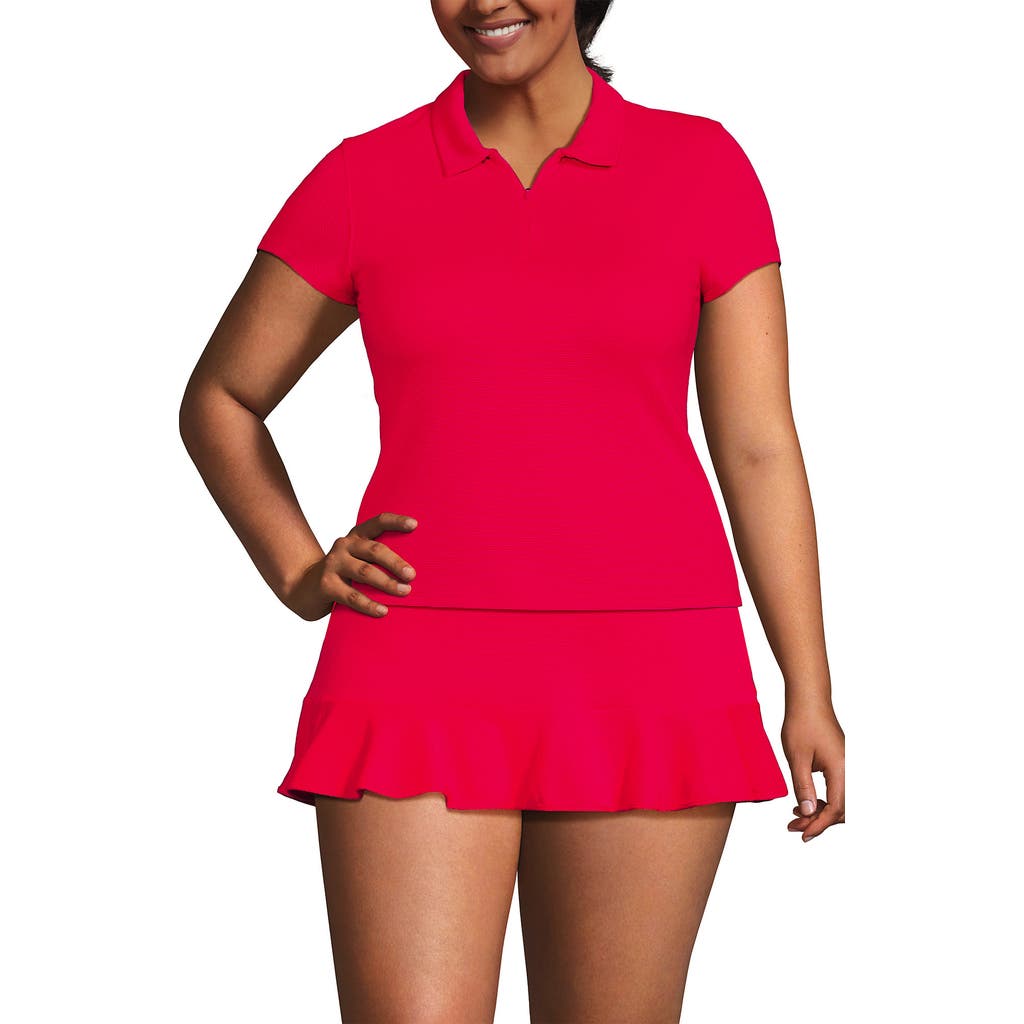 Lands' End Plus Size Short Sleeve Pique Johnny Collar Upf 50 Rash Guard In Coral Rose