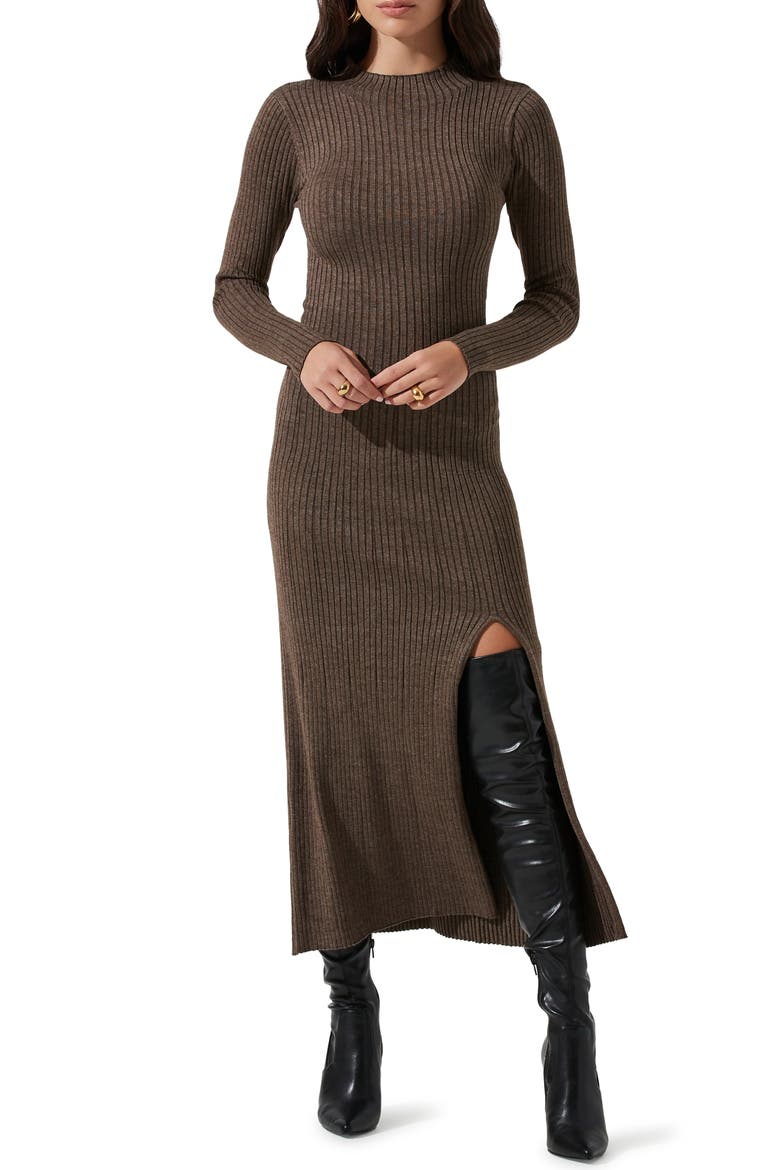 Long Sleeve Side Slit Sweater Dress, Alternate, color, BROWN