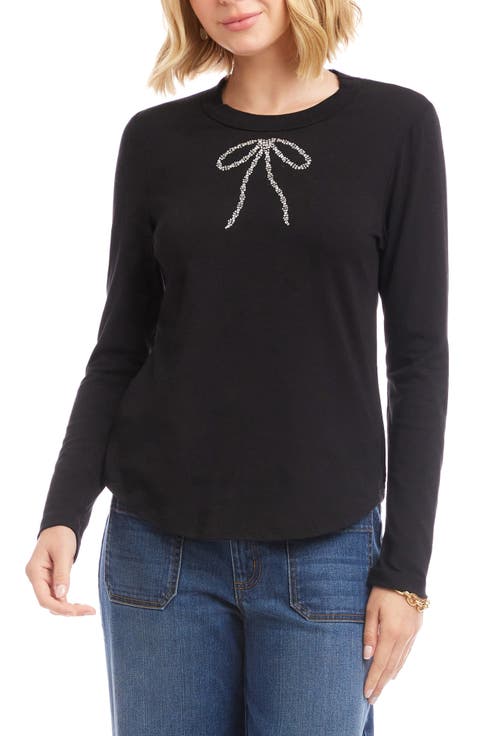 Embellished Rhinestone Bow Long Sleeve T-Shirt