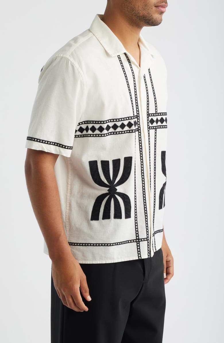 Wax London Didcot Embroidered Short Sleeve Cotton & Linen Button-Up Shirt, Alternate, color, Ecru / Washed Black