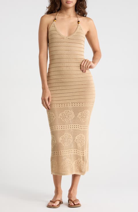 Beaded Halter Neck Pointelle Sweater Dress