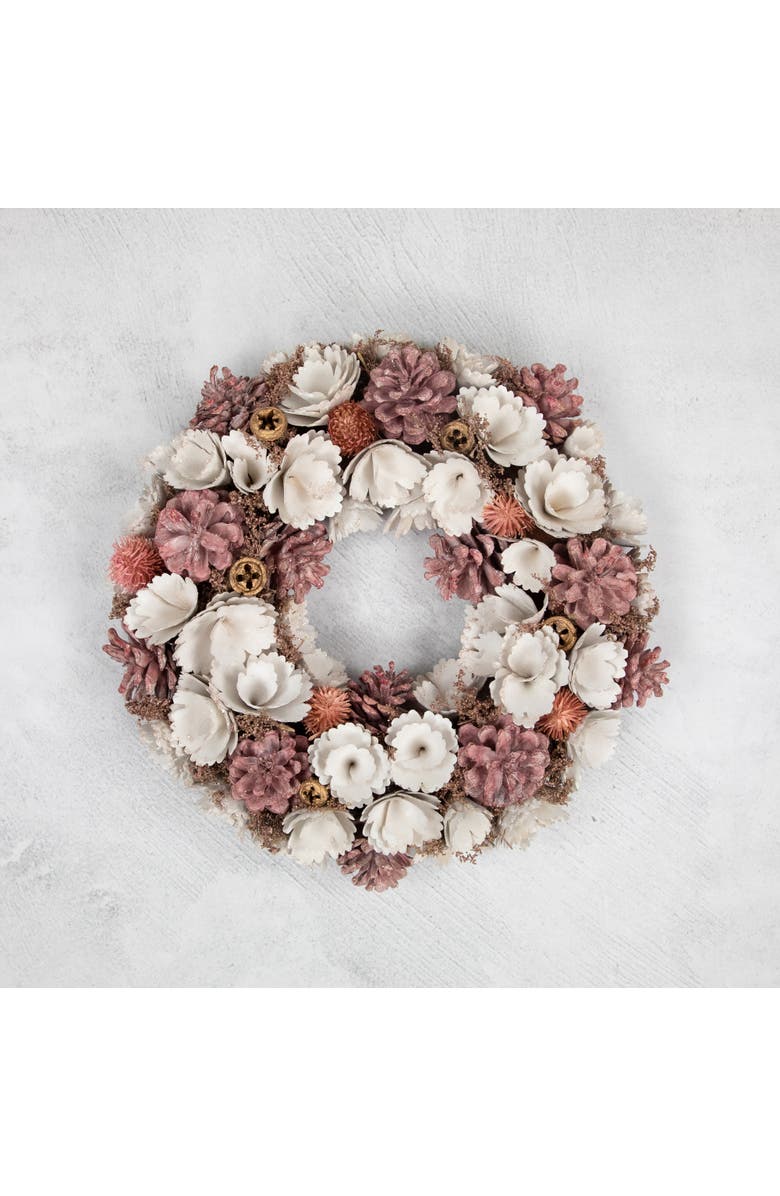 Northlight 13" White and Pink Wooden Floral Christmas Wreath with Pinecones, Alternate, color, White