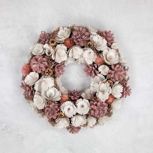 Northlight 13" White And Pink Wooden Floral Christmas Wreath With Pinecones In Pink