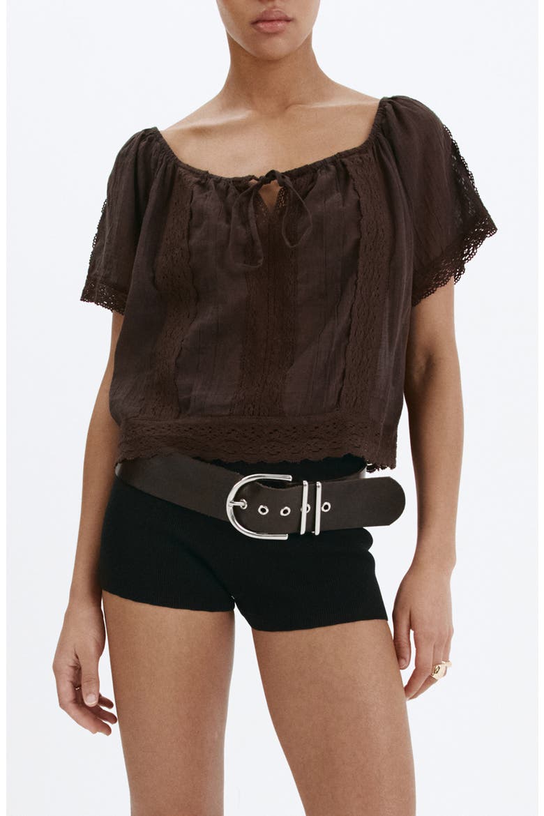 Pintuck Lace Trim Cotton Shirt, Main, color, BROWN