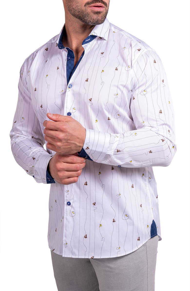 Maceoo Einstein Ascension 0211 Monkey Print Contemporary Fit Button-Up Shirt, Alternate, color, White