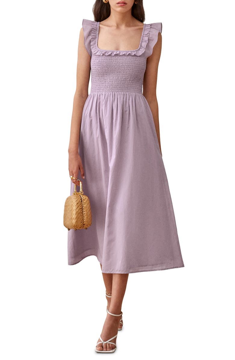Reformation Noreen Smocked Ruffle Dress, Main, color, 