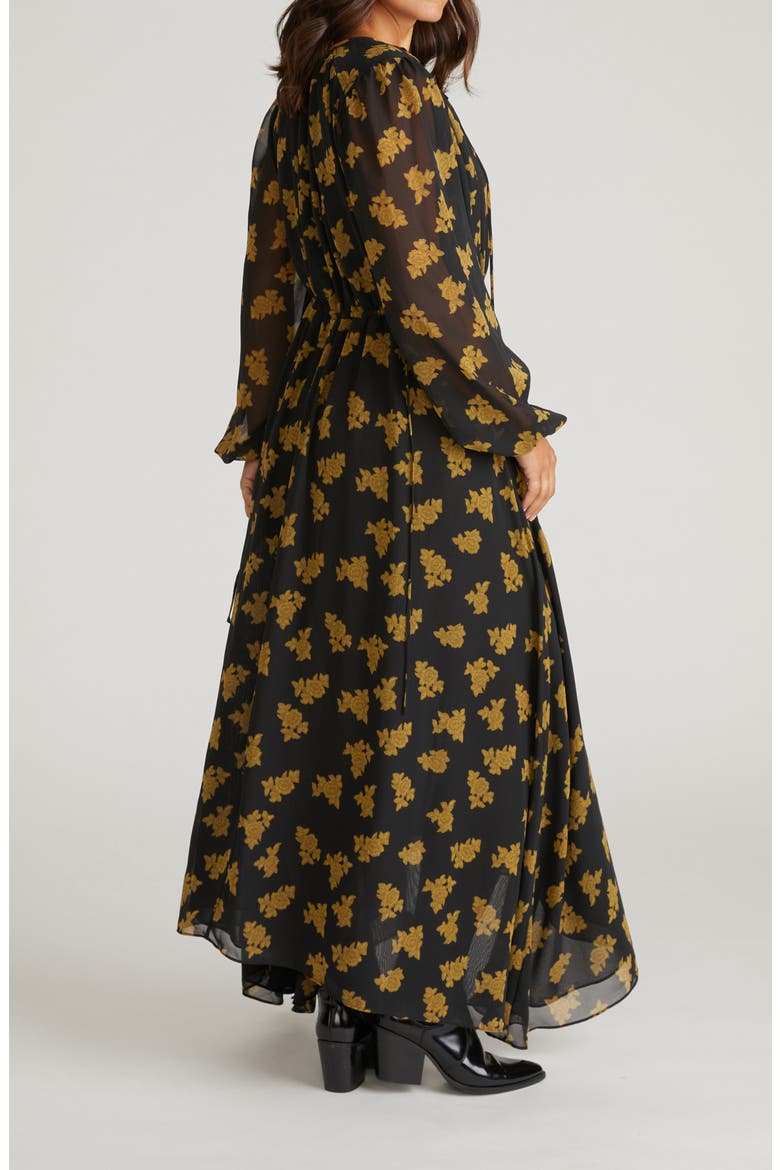 Karina Long Sleeve Chiffon Midi Dress, Alternate, color, BLACK/ GOLD HEIRLOOM