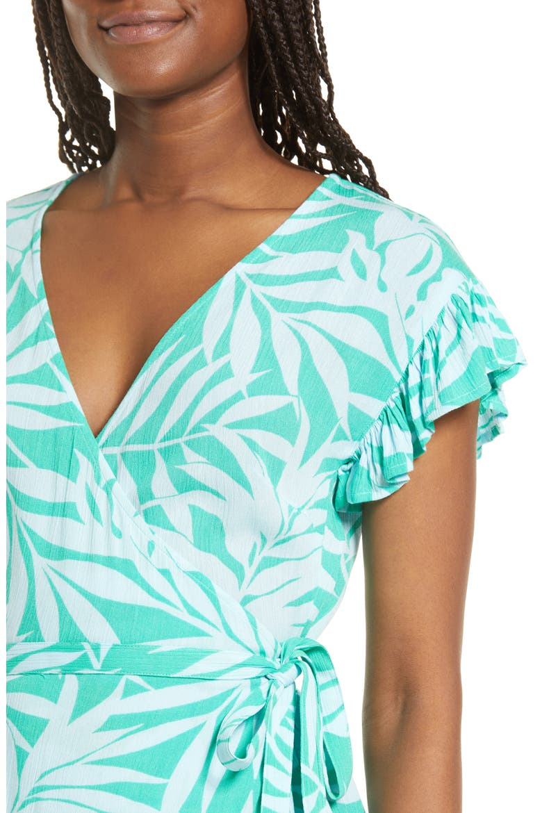 Wrap & Roll Floral Ruffle Wrap Minidress, Alternate, color, TROPICAL GREEN