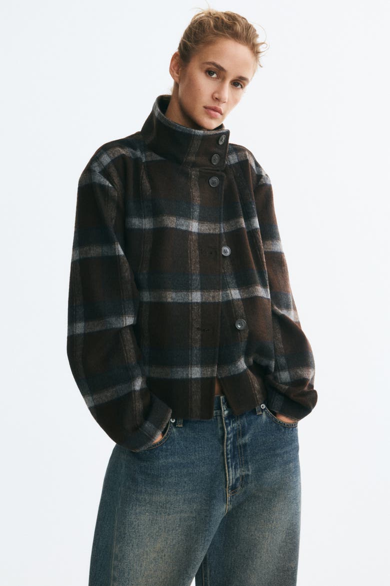 Felted Funnel-Collar Jacket, Alternate, color, Brown/plaid
