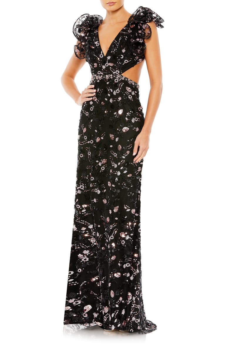 Sequin Ruffle Shoulder Lace-Up Back Sheath Gown, Main, color, BLACK PINK