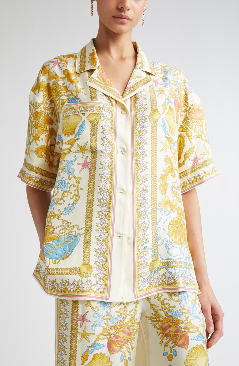 Versace Barocco Underwater Silk Camp Shirt, Alternate, color, Eggshell Multicolor