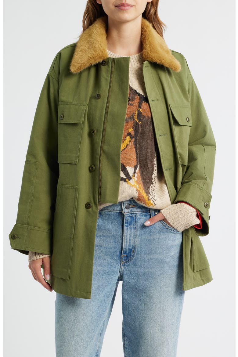 The Quilted Liner Jacket with Removable Faux Fur Collar, Main, color, ARMY/HOT ORANGE
