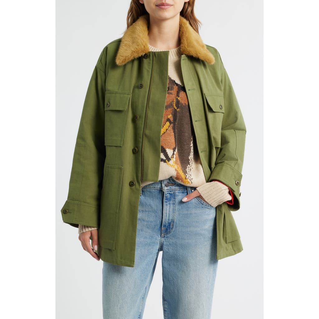 The Great . The Quilted Liner Jacket With Removable Faux Fur Collar In Green