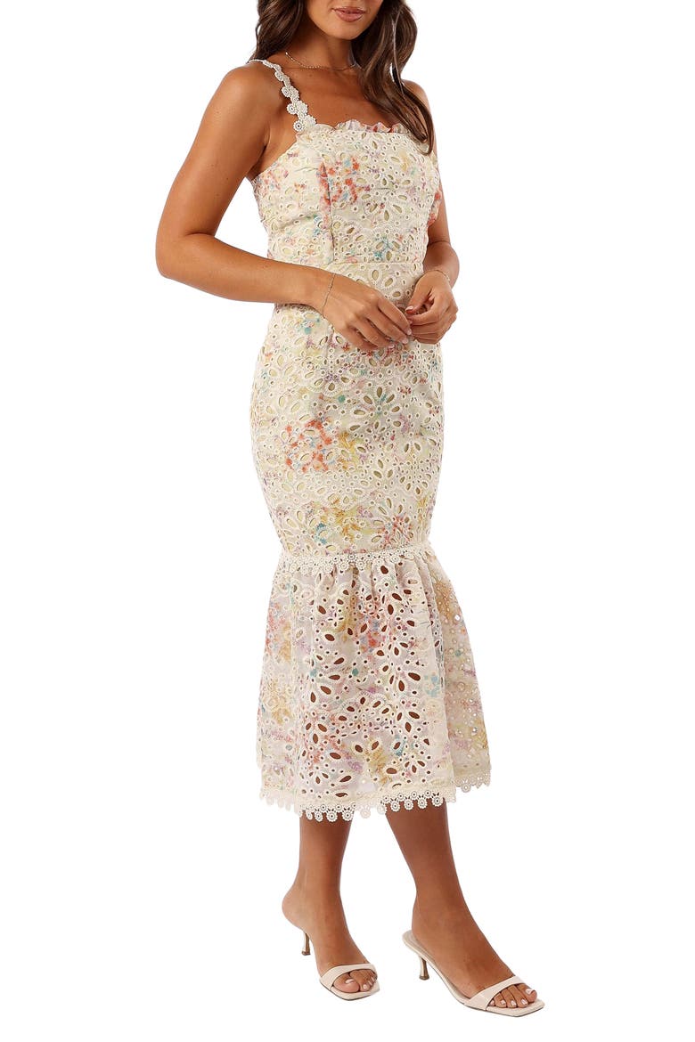 Isla Eyelet Ruffle Midi Dress, Alternate, color, LIME MULTI