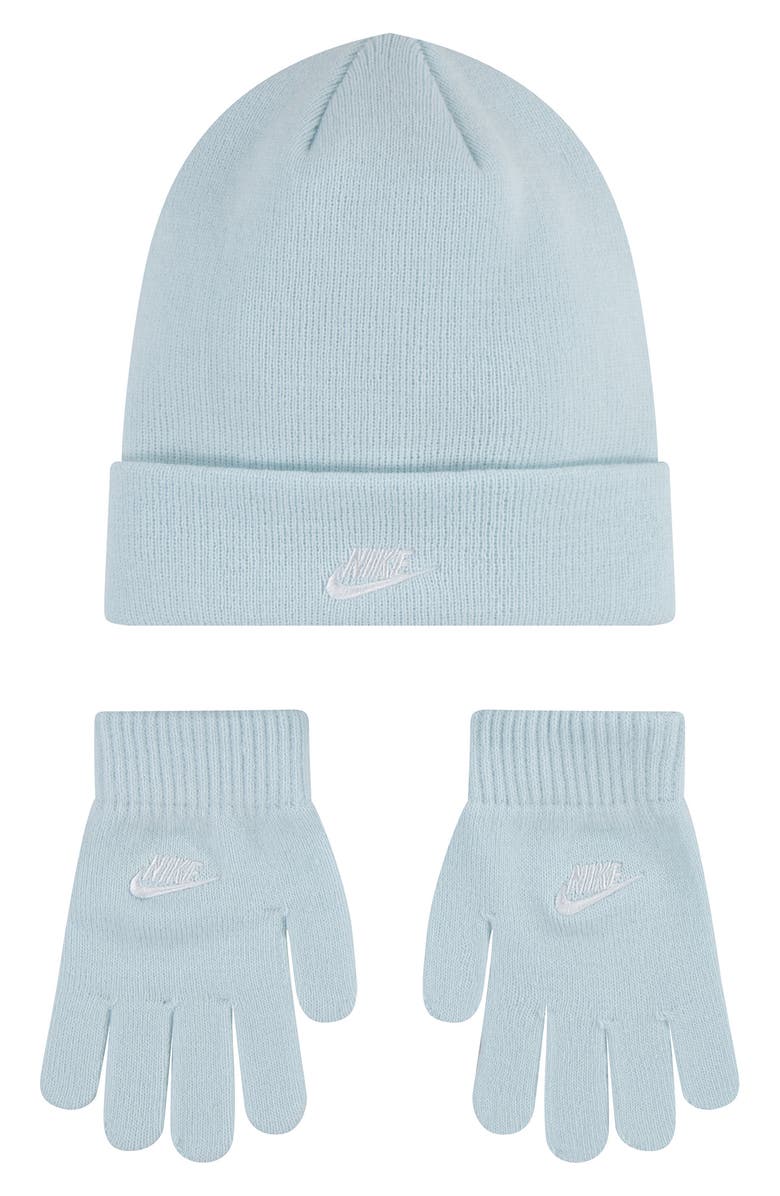 Nike Kids' Embroidered Logo Knit Beanie & Gloves Set, Main, color, Glacier Blue