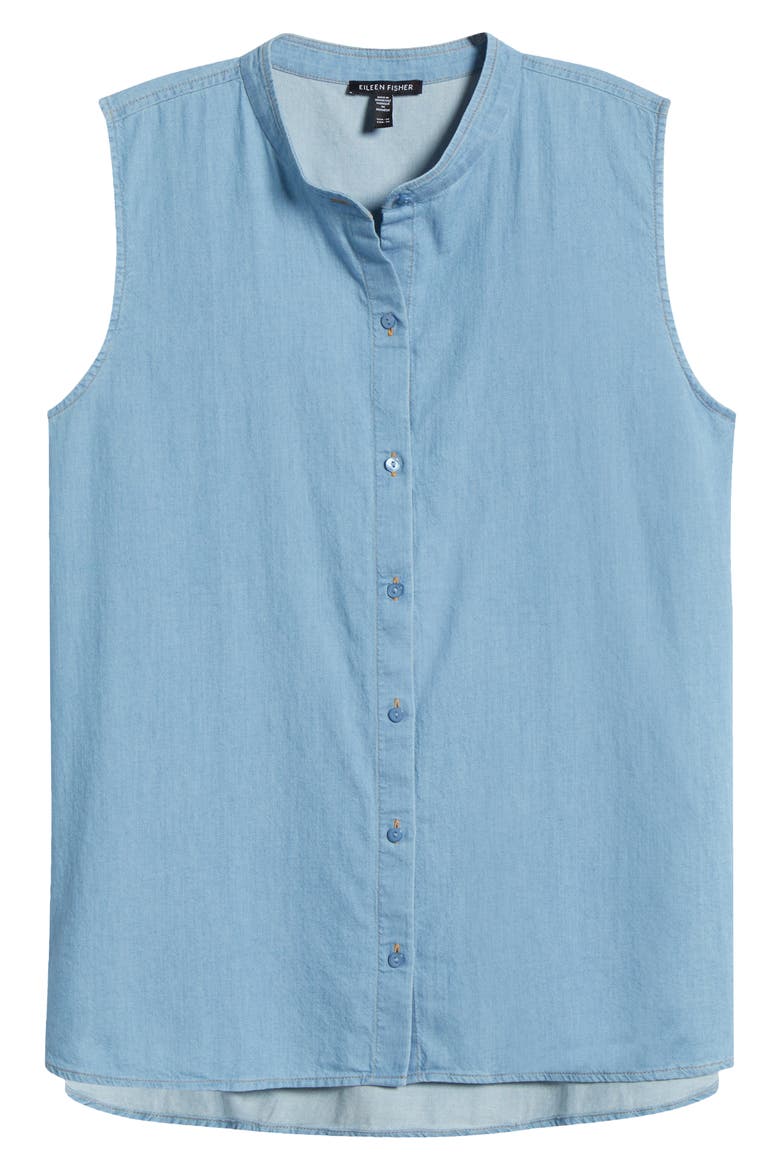 Sleeveless Band Collar Chambray Button-Up Shirt, Alternate, color, WASHED INDIGO