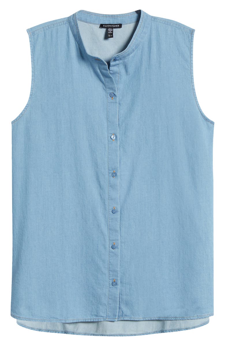 Eileen Fisher Sleeveless Band Collar Chambray Button-Up Shirt, Alternate, color,