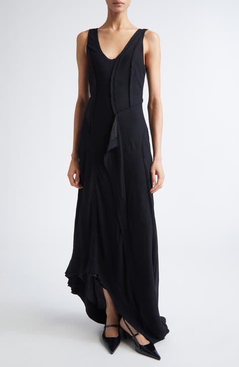 Wool Chiffon Asymmetric Gown with Train