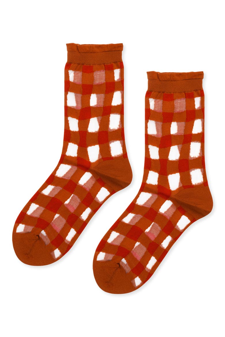 Googly Gingham Sheer Crew Socks, Main, color, OCHRE