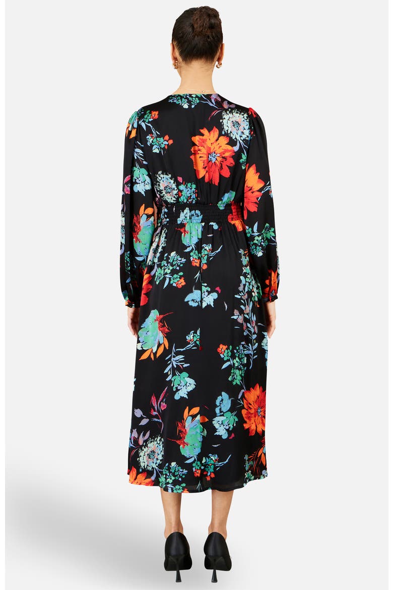 Long Sleeve Floral Midi Dress, Alternate, color, Black