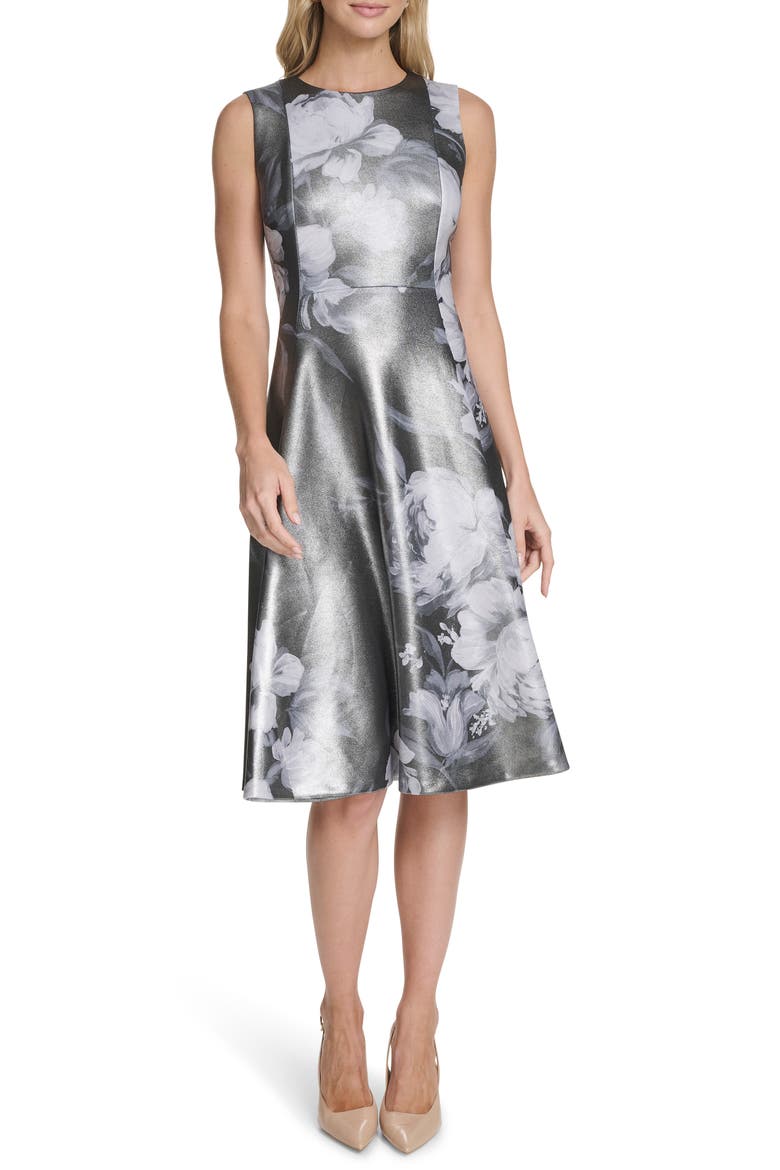 Foil Floral A-Line Dress, Main, color, BLACK/ SILVER FOIL