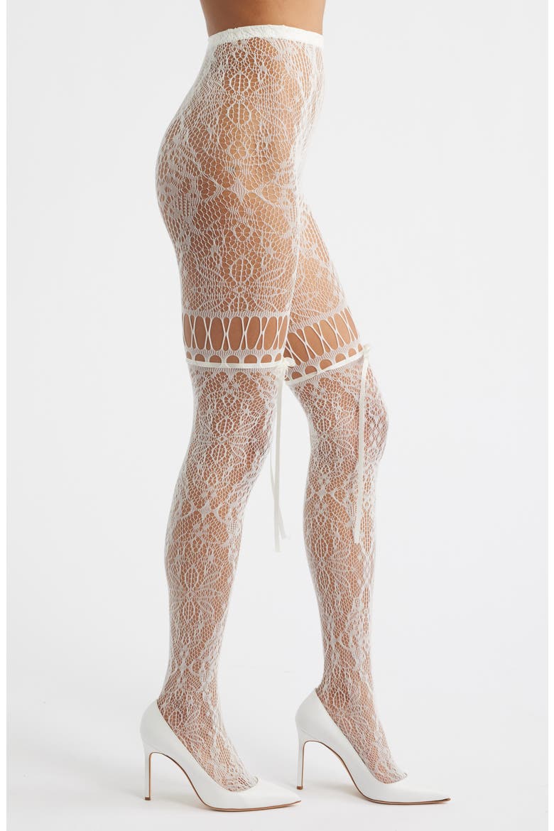 Chevonne Satin Ribbon Lace Fishnet Tights, Main, color, IVORY