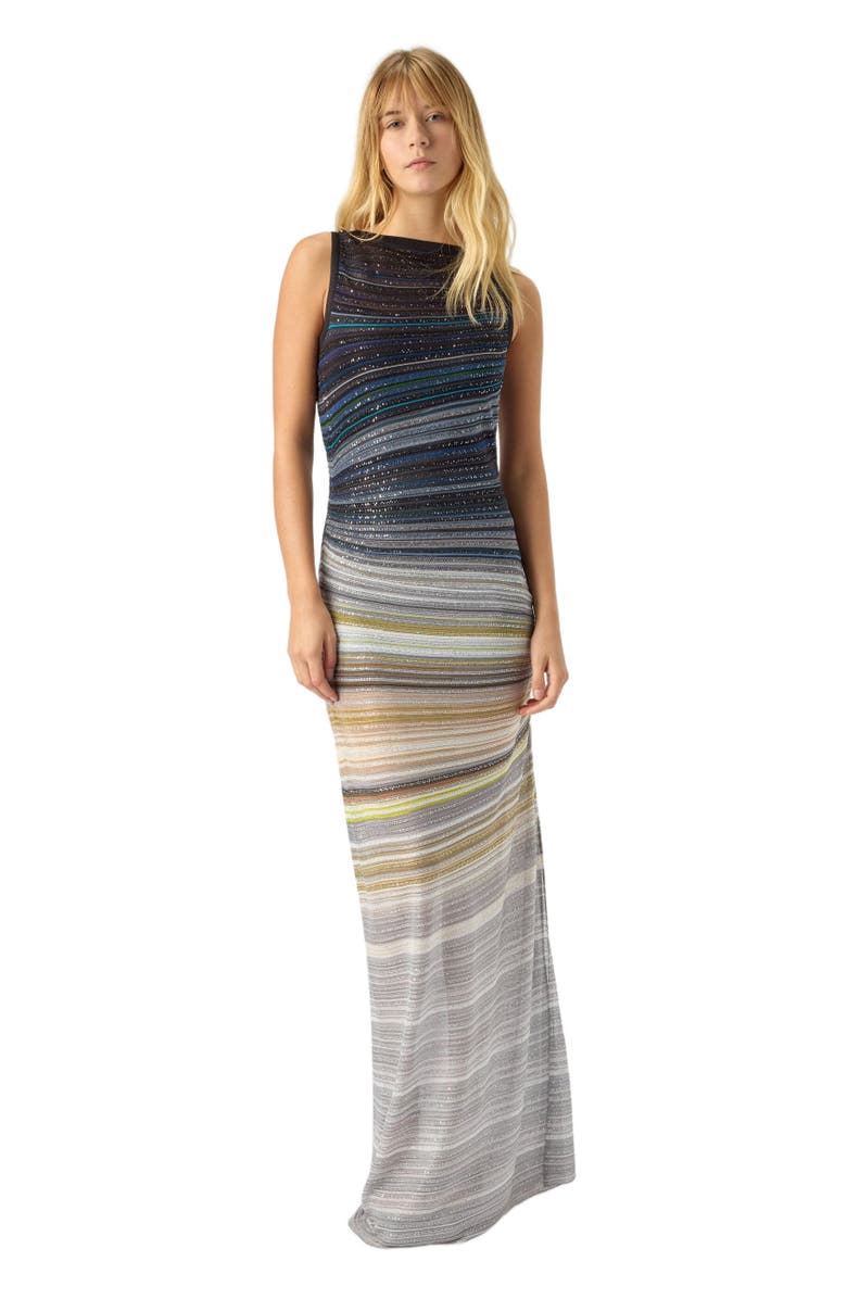 Missoni Long Boat-neck Dress In Striped Knit, Main, color, Blue & Grey