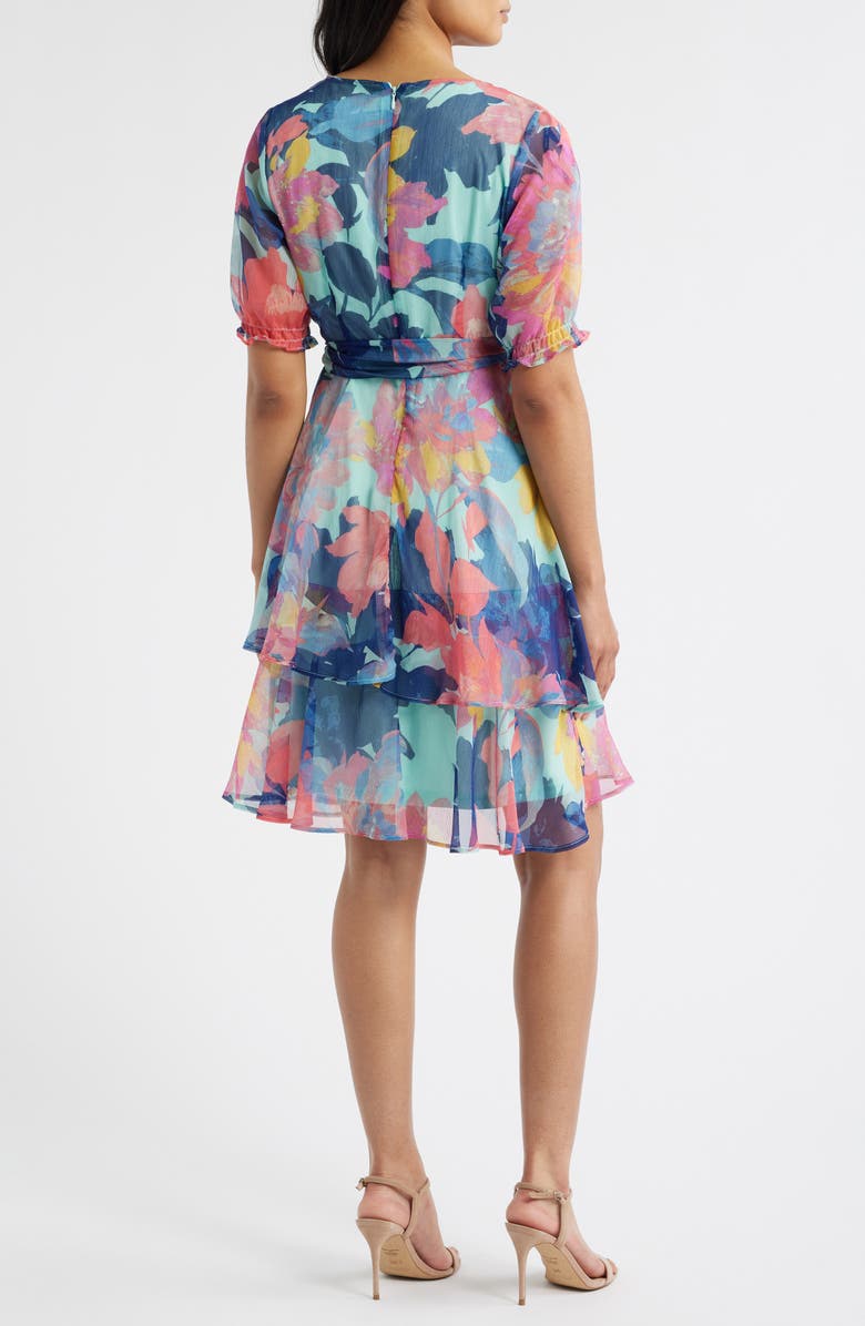 Tahari ASL Floral Shadow Stripe Short Sleeve Faux Wrap Dress, Alternate, color, Seafoam Multi