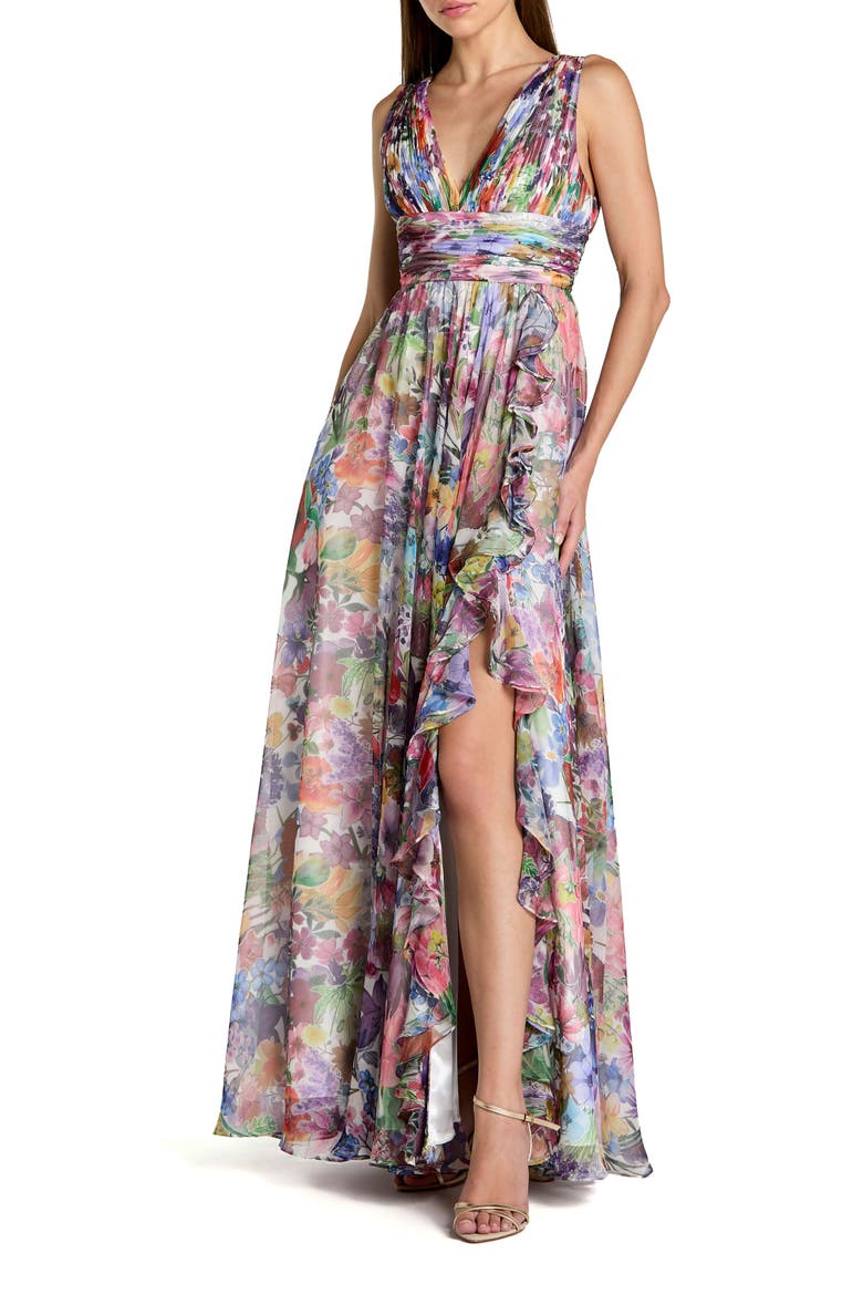 Sleeveless Printed Chiffon V-Neck Ruched Waist Gown, Main, color, Multi