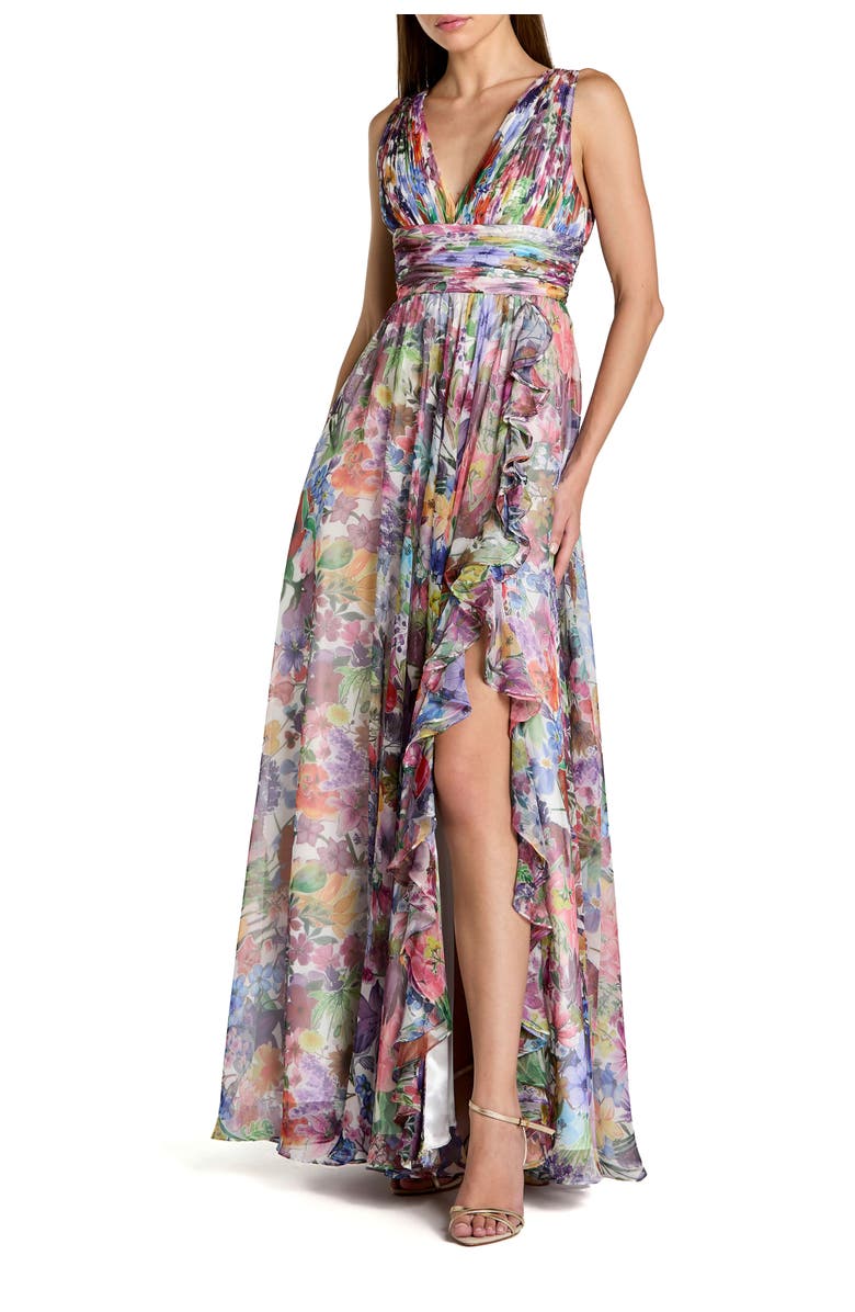 Mac Duggal Sleeveless Printed Chiffon V-Neck Ruched Waist Gown, Main, color, Multi