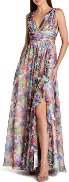 Mac Duggal Sleeveless Printed Chiffon V-Neck Ruched Waist Gown