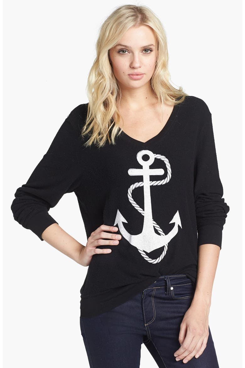 'Anchor' V-Neck Sweater, Main, color, JET BLACK