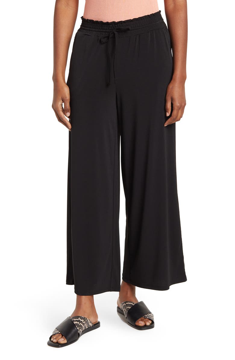 Ellen Tracy Palm Outline Smocked Crop Pants, Main, color, Black