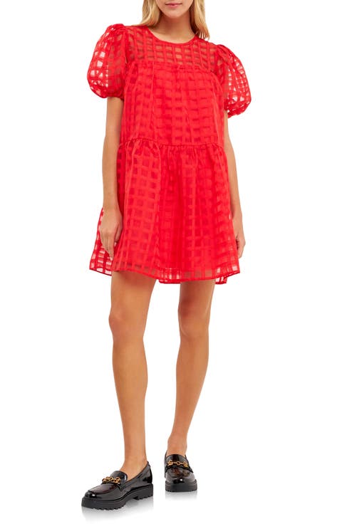 Gridded Puff Sleeve Dress
