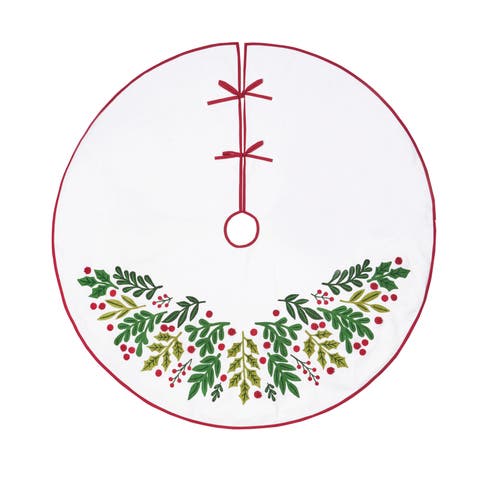 Botanical Holly Leaves & Berries 100% Cotton Christmas Tree Skirt 54"