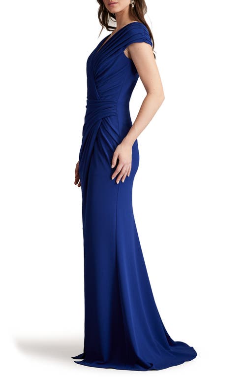 Tadashi Shoji Pleated Crepe Trumpet Gown In Blue