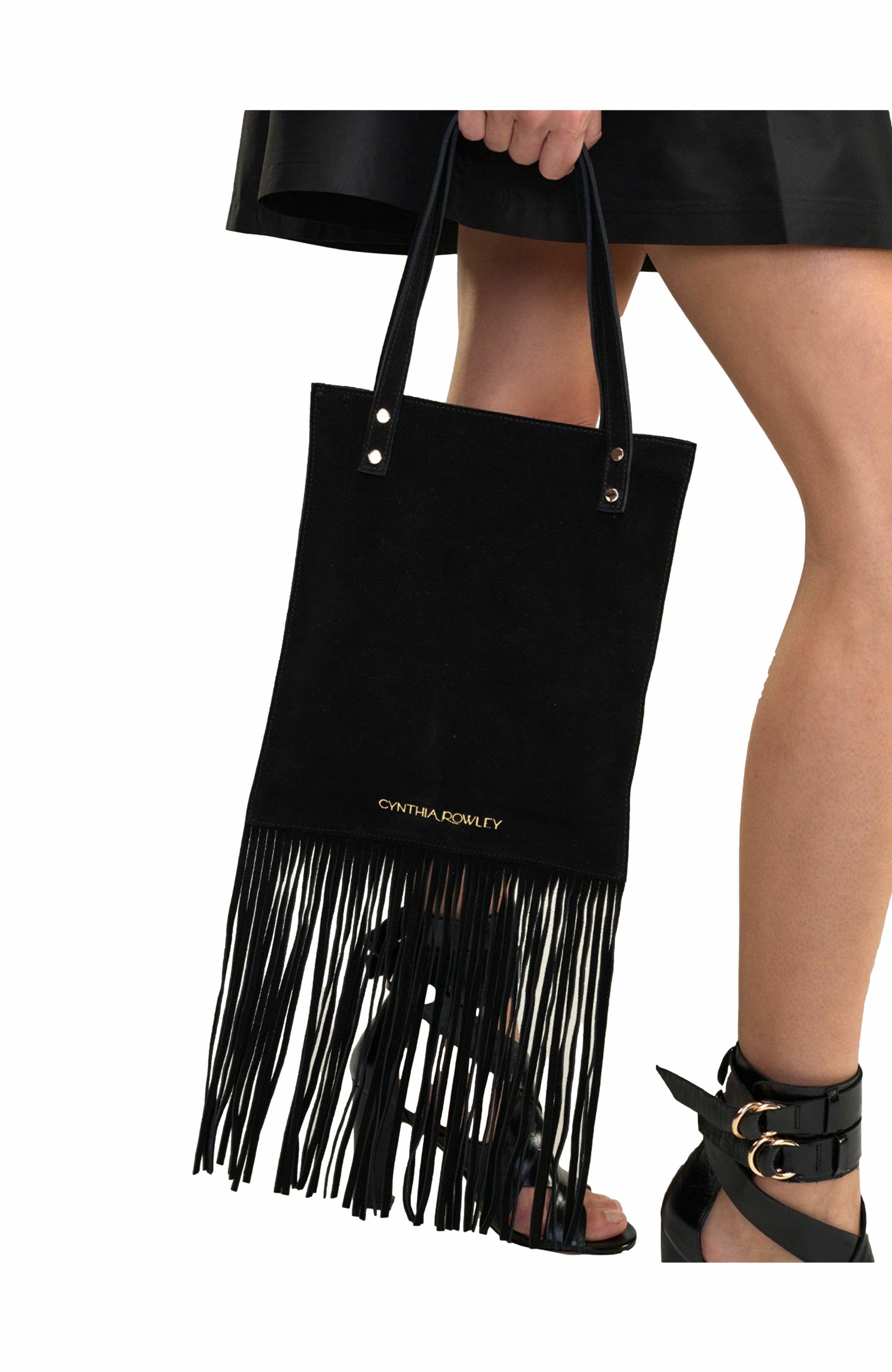 Cynthia Rowley Felicity Fringe Suede Tote, Alternate, color, Black