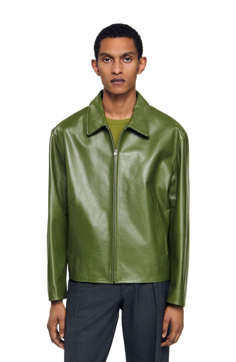 SANDRO Zip-up wing collar leather jacket, Alternate, color, Lime