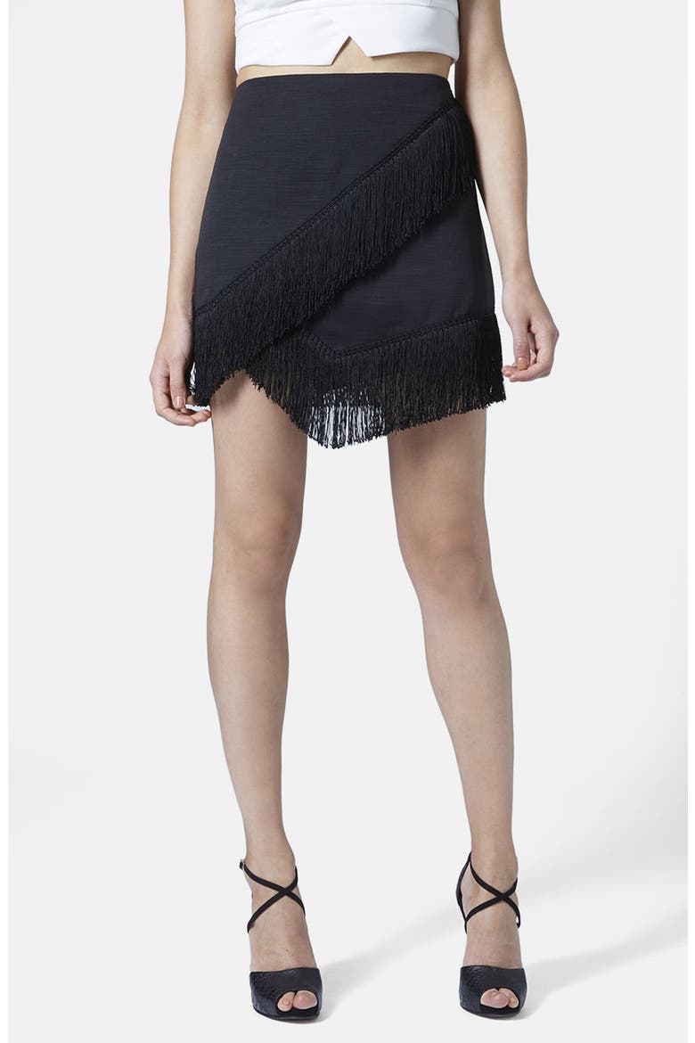 Fringe Trim Wrap Skirt, Main, color, BLACK