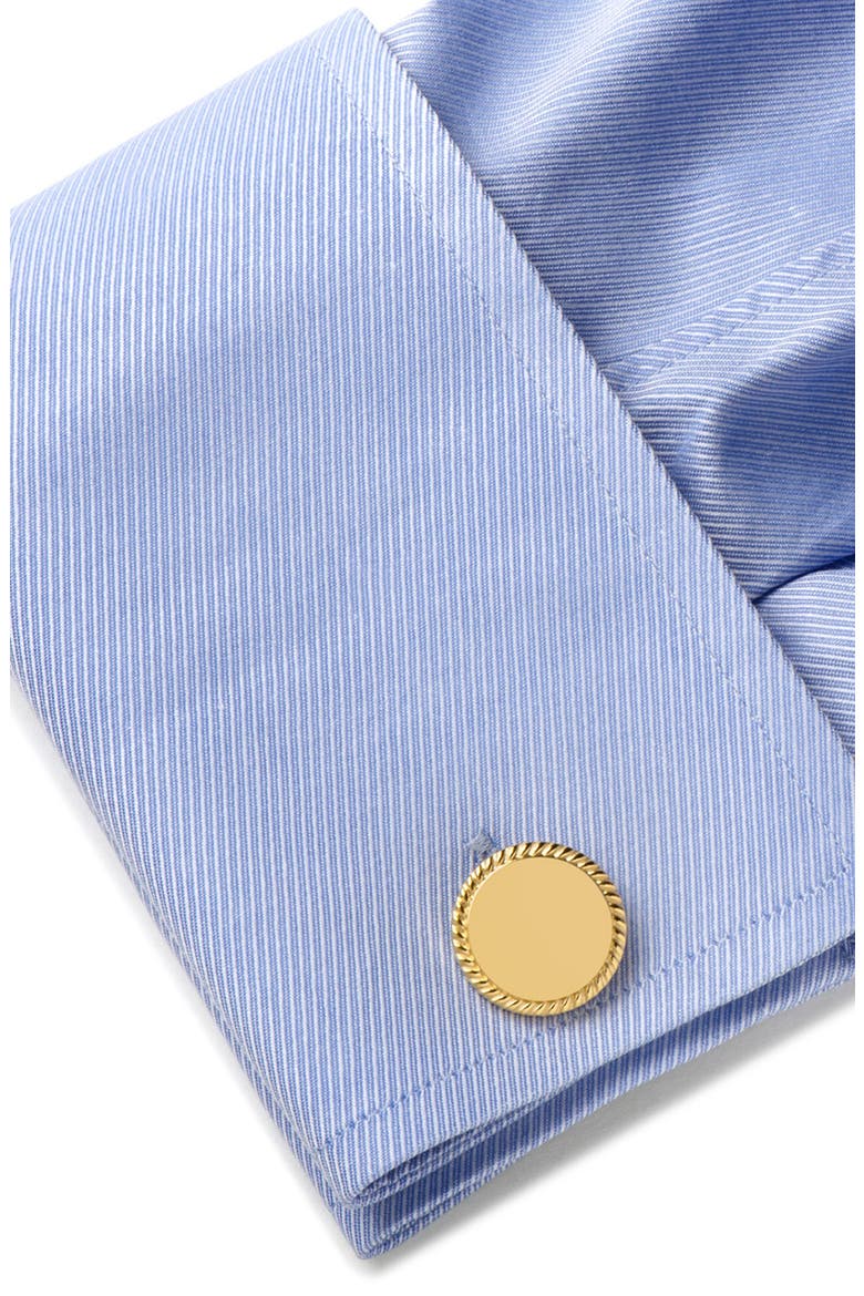 Engravable Round Rope Border 14K Gold Plated Cuff Links, Alternate, color, GOLD