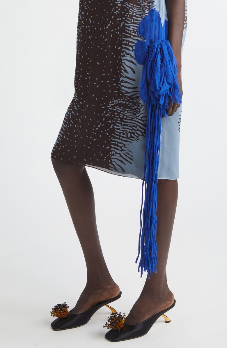 FERRAGAMO Flower Inlay Print Silk Shift Dress, Alternate, color, Washed Denim/ Expresso