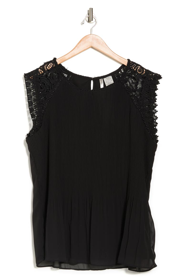Pleated Crochet Shoulder Top, Alternate, color, BLACK