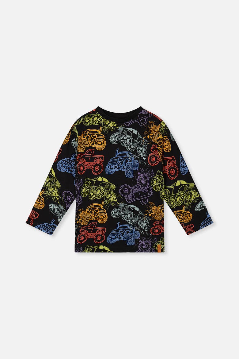 Organic Cotton Monster Truck Graphic Long Sleeve T-Shirt, Main, color, Black Monster Truck Print