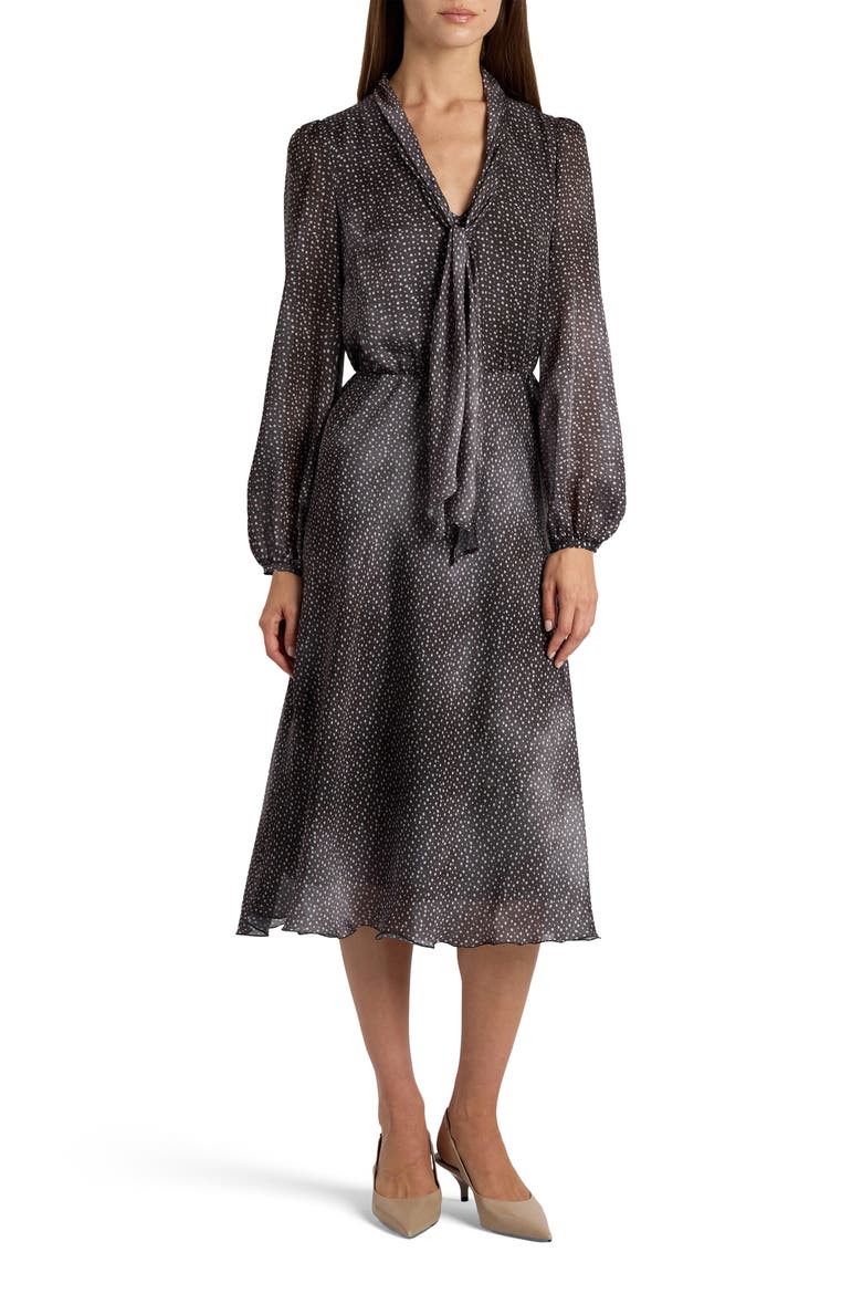 Jenn Midi Dress with Drop Tie Neck in Micro-Dot Print, Alternate, color, Onyx