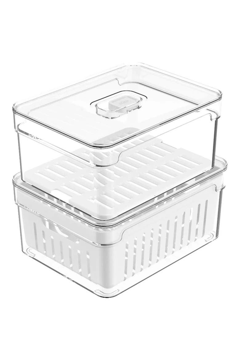 Clear Stackable Fridge Organizer Bins with Drain Basket, Flat Tray and Vented Lids, 2 Pack - 2.3 Quart Each, Main, color, Clear with White Drainer