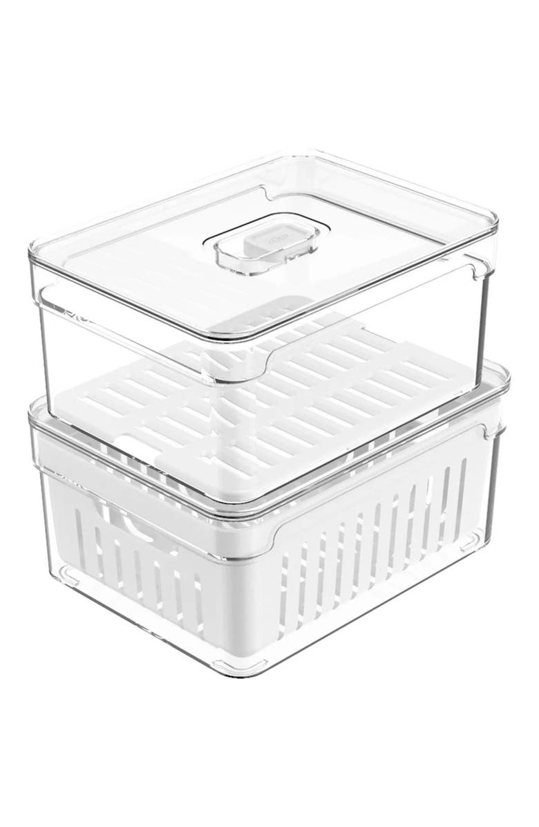OU Clear Stackable Fridge Organizer Bins with Drain Basket, Flat Tray and Vented Lids, 2 Pack - 2.3 Quart Each, Main, color, Clear With White Drainer