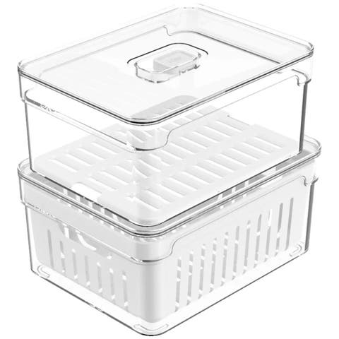 Clear Stackable Fridge Organizer Bins with Drain Basket, Flat Tray and Vented Lids, 2 Pack - 2.3 Quart Each