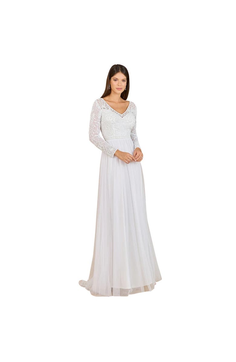 LARA New York Long Sleeve Bridal Gown with Flowy Skirt, Main, color, Ivory